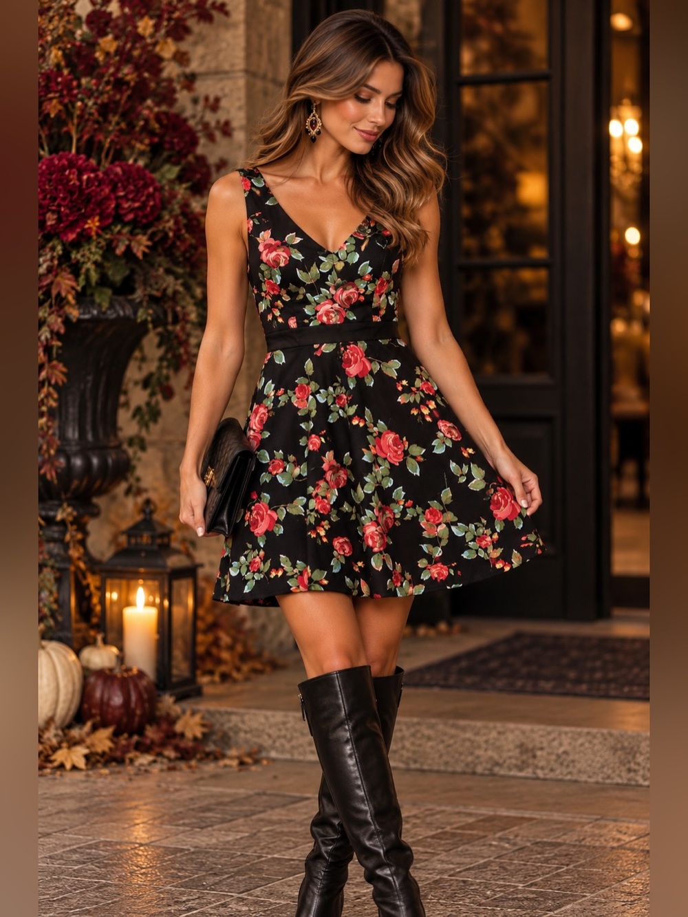 Mica Black Red Rose Floral Dress L Fit Flare Fall Romantic Dark Feminine Mini